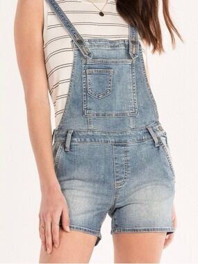 Miss Me Faded Blue Denim Short Overalls with Front Zip